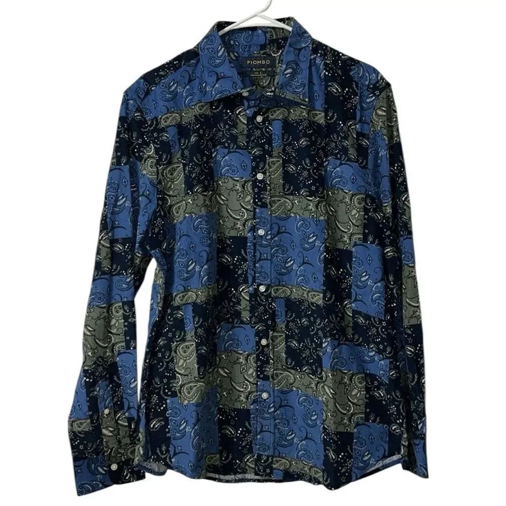 Piombo Men’s Button Down Plaid Blue/Green Shirt(Size Large)